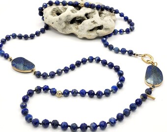 Handcrafted Blue Lapis Lazuli Long Necklace with Plated Gold Clasps.  Elegant Gemstone Beaded string for Special occasions and everyday wear