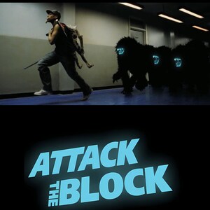 Puede incluir: Un hombre corre por un pasillo con una mochila y un arma, perseguido por varias figuras oscuras y sombrías con ojos azules brillantes. El texto "ATTACK THE BLOCK" se muestra en letras azules sobre un fondo negro.