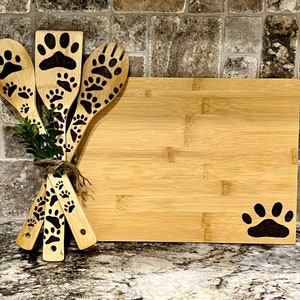 Paw Print Decorated Hand Burned Bamboo Cutting Board and Spoon Set