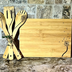 Dandelion Decorated Hand Burned Bamboo Cutting Board and Spoon Set