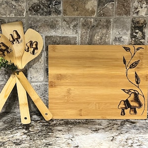 Mushroom Decorated Hand Burned Bamboo Cutting Board and Spoon Set