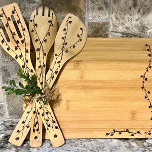 Vine Decorated Hand Burned Bamboo Cutting Board and Spoon Set
