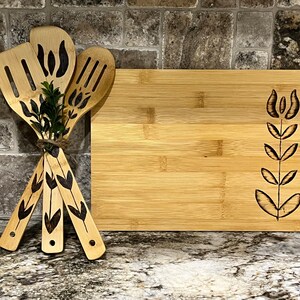 Tulip Decorated Hand Burned Bamboo Cutting Board and Spoon Set