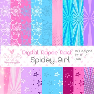 May include: Digital paper pack with 18 designs featuring a spiderweb, stars, and a pink and blue colour scheme. The pack is titled "Spidey Girl" and is 12 inches by 12 inches.