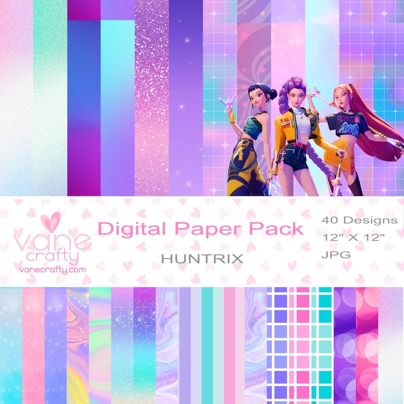 May include: Digital paper pack featuring a variety of colorful designs in shades of purple, pink, and blue. The pack includes 40 designs, each 12" x 12" in size. The image also features a group of animated characters.