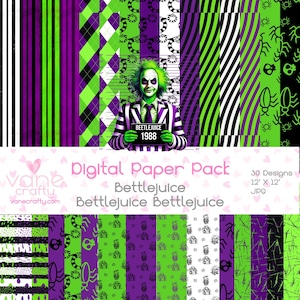 Puede incluir: Un paquete de papel digital con 30 diseños que presentan al personaje Beetlejuice de la película Beetlejuice. Los diseños son en verde, negro, blanco y morado con varios patrones, incluyendo rayas, lunares y calaveras. El texto "Beetlejuice 1988" está en un cartel que sostiene el personaje Beetlejuice.