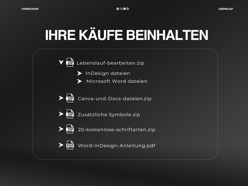 May include: A dark gray graphic with white text that reads "IHRE K&Auml;UFE BEINHALTEN". Below the text are several file types, including ZIP and PDF, with German file names. The image is a digital product.