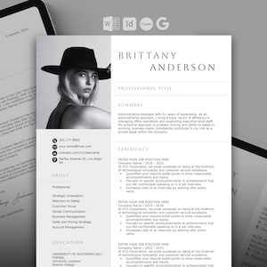 Modern Resume Template with Photo: Editable CV for Word, InDesign, Docs, Canva (Digital Download)