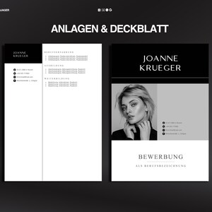 May include: A black and white resume template with the name "Joanne Krueger" at the top. The resume includes sections for work experience, education, and additional training. A headshot of a woman is on the right side of the resume.