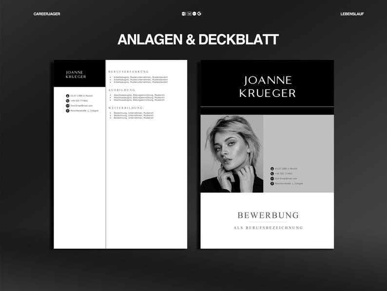 May include: A black and white resume template with the name "Joanne Krueger" at the top. The resume includes sections for work experience, education, and additional training. A headshot of a woman is on the right side of the resume.