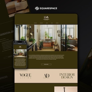 May include: A website design displayed on a tablet and a mobile phone, showcasing interior design. The website features images of interior spaces, the text "LV&", and logos for Vogue Living, AD, and Interior Design.