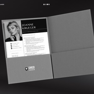 May include: A gray resume folder with a black and white resume inside. The resume features a headshot of a woman and the name "JOANNE KRUEGER". The folder has the text "CAREERJAGER" and a logo.