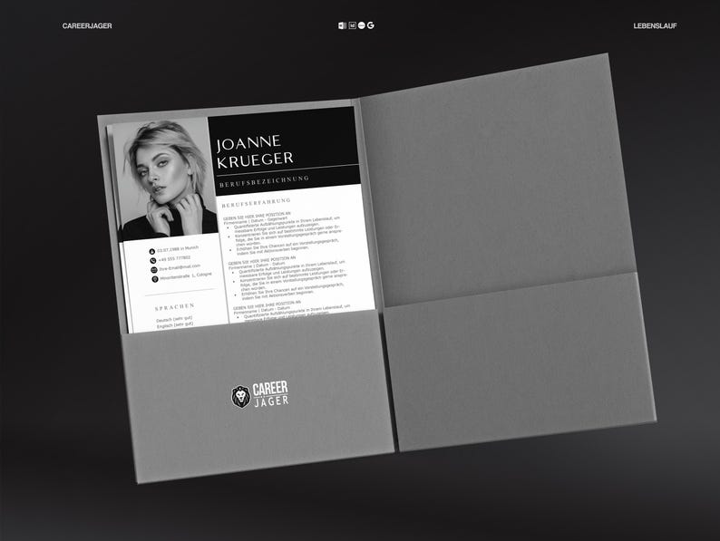 May include: A gray resume folder with a black and white resume inside. The resume features a headshot of a woman and the name "JOANNE KRUEGER". The folder has the text "CAREERJAGER" and a logo.