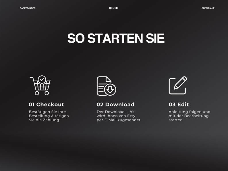 May include: A dark grey graphic with white text and icons. The text reads "SO STARTEN SIE" and includes steps for checkout, download, and edit. The icons are a shopping cart, a document with a download arrow, and a pencil.