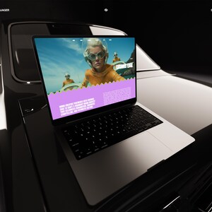May include: A silver laptop displaying a webpage with the text "COSMOS EDGE" and a photo of a person wearing sunglasses and a spacesuit. The laptop is on the hood of a black car. The text "CAREERJAGER" and "SQUARESPACE" are visible.