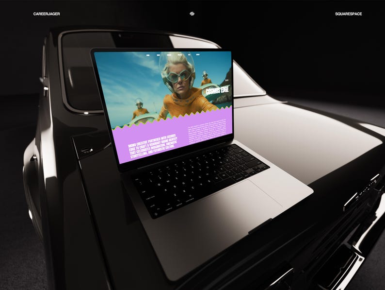 May include: A silver laptop displaying a webpage with the text "COSMOS EDGE" and a photo of a person wearing sunglasses and a spacesuit. The laptop is on the hood of a black car. The text "CAREERJAGER" and "SQUARESPACE" are visible.