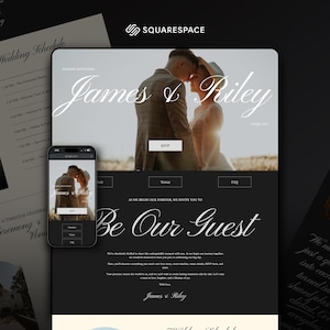 May include: A wedding website design featuring the names "James & Riley" in elegant script. The design includes a photo of a couple, a mobile phone mockup, and the words "Be Our Guest". The overall theme is a wedding invitation.