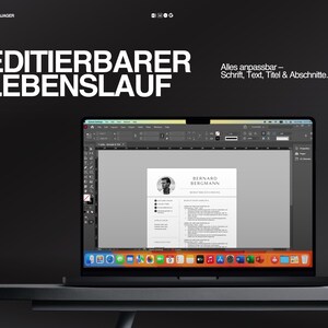K&ouml;nnte beinhalten: Ein Laptop zeigt eine Lebenslaufvorlage mit dem Namen "BERNARD BERGMANN". Der Bildschirm zeigt ein Lebenslauf-Layout mit Abschnitten f&uuml;r Kontaktinformationen, Erfahrung und F&auml;higkeiten. Der Text "EDITIERBARER LEBENSLAUF" wird in gro&szlig;en wei&szlig;en Buchstaben angezeigt.