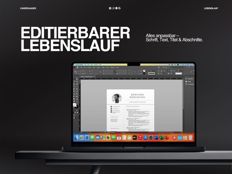 K&ouml;nnte beinhalten: Ein Laptop zeigt eine Lebenslaufvorlage mit dem Namen "BERNARD BERGMANN". Der Bildschirm zeigt ein Lebenslauf-Layout mit Abschnitten f&uuml;r Kontaktinformationen, Erfahrung und F&auml;higkeiten. Der Text "EDITIERBARER LEBENSLAUF" wird in gro&szlig;en wei&szlig;en Buchstaben angezeigt.