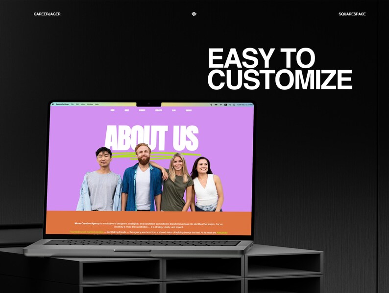 May include: A laptop displays a website with the text "ABOUT US" and a photo of four people. The screen has a purple background with an orange bar at the bottom. The words "EASY TO CUSTOMIZE" are in white text on a black background.