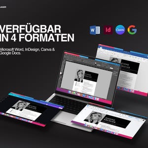 May include: A laptop displaying a resume template, with the text "VERF&Uuml;GBAR IN 4 FORMATEN" and "Microsoft Word, InDesign, Canva & Google Docs." The resume is black and white, with a photo and the name "JOANNE KRUEGER".