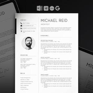 Architect Resume with Photo | Instant Download CV, Curriculum Vitae | CV Template Creative | Modern Resume | Word, Canva, InDesign, Docs