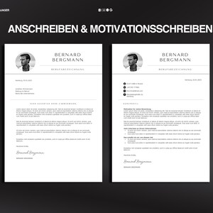 K&ouml;nnte beinhalten: Zwei Lebenslaufvorlagen mit dem Text "ANSCHREIBEN & MOTIVATIONSSCHREIBEN" oben. Jede Vorlage enth&auml;lt ein Kopfbild, einen Namen und berufliche Details. Das Design ist minimalistisch mit einem Schwarz-Wei&szlig;-Farbschema.