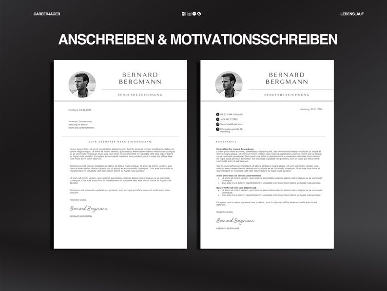 K&ouml;nnte beinhalten: Zwei Lebenslaufvorlagen mit dem Text "ANSCHREIBEN & MOTIVATIONSSCHREIBEN" oben. Jede Vorlage enth&auml;lt ein Kopfbild, einen Namen und berufliche Details. Das Design ist minimalistisch mit einem Schwarz-Wei&szlig;-Farbschema.