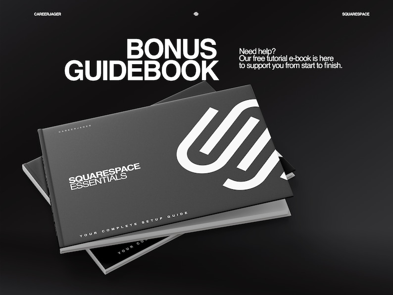 K&ouml;nnte beinhalten: Ein Stapel dunkelgrauer Ratgeber mit wei&szlig;em Text und einem wei&szlig;en Logo. Das oberste Buch tr&auml;gt die Aufschrift "BONUS GUIDEBOOK" und "SQUARESPACE ESSENTIALS". Der Text "Need help? Our free tutorial e-book is here to support you from start to finish." ist ebenfalls sichtbar.