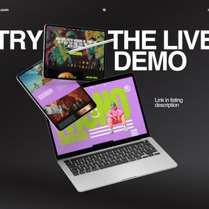 May include: A laptop, tablet, and phone display website mockups against a dark gray background. The laptop screen shows a person in pink clothing. The text "TRY THE LIVE DEMO" is displayed in white. The text "Link in listing description" is also visible.