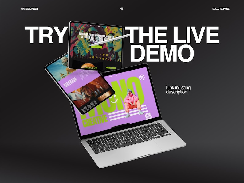 May include: A laptop, tablet, and phone display website mockups against a dark gray background. The laptop screen shows a person in pink clothing. The text "TRY THE LIVE DEMO" is displayed in white. The text "Link in listing description" is also visible.