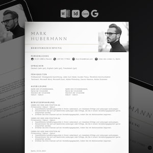 Può includere: Un modello di curriculum vitae in bianco e nero con il nome "MARK HUBERMANN" in alto. Il curriculum include sezioni per informazioni personali, lingue, competenze, istruzione ed esperienza lavorativa. Il logo Careerjager è in alto a sinistra.