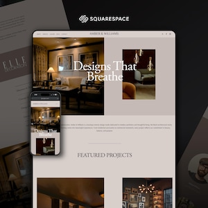 Op de afbeelding: Een website-ontwerp met het Squarespace-logo, een desktopweergave en een mobiele telefoon met dezelfde website. De website toont interieurontwerpprojecten met de tekst "Designs That Breathe."