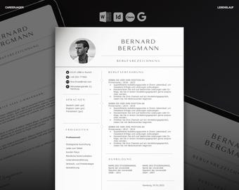 May include: A professional resume template in black and white, featuring the name "Bernard Bergmann" and a headshot. The resume includes sections for professional experience, skills, and education. The design is clean and modern, suitable for job applications.