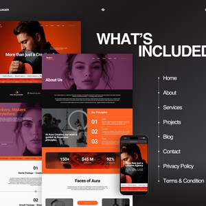 K&ouml;nnte beinhalten: Webdesign mit einem Farbschema aus Schwarz, Orange und Lila. Die Website enth&auml;lt Abschnitte f&uuml;r "&Uuml;ber uns", "Dienstleistungen" und "Kontakt". Ein Smartphone zeigt das Design der Website an. Der Text enth&auml;lt "More than just a Creative Agency".