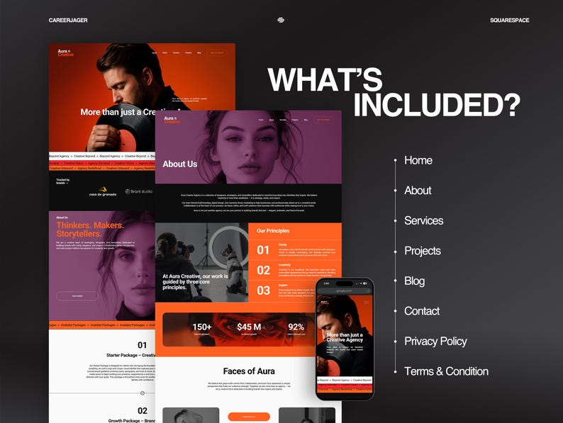 K&ouml;nnte beinhalten: Webdesign mit einem Farbschema aus Schwarz, Orange und Lila. Die Website enth&auml;lt Abschnitte f&uuml;r "&Uuml;ber uns", "Dienstleistungen" und "Kontakt". Ein Smartphone zeigt das Design der Website an. Der Text enth&auml;lt "More than just a Creative Agency".