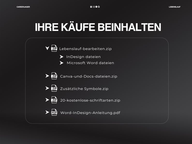 K&ouml;nnte beinhalten: Dunkelgraue Grafik mit wei&szlig;em Text, der "IHRE K&Auml;UFE BEINHALTEN" lautet. Darunter eine Liste von Dateien, einschlie&szlig;lich ZIP- und PDF-Dateien. Das Bild ist eine Werbegrafik f&uuml;r digitale Downloads.