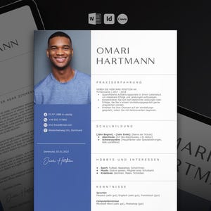 May include: A modern CV template with a photograph of a smiling individual, Omari Hartmann. The design uses a blue and white colour scheme, with sections for work experience, education, and skills. The word "CAREERJAGER" is visible at the top.