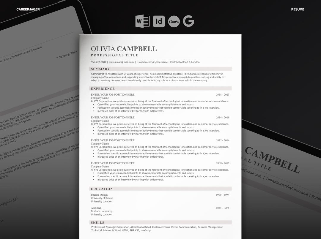 ATS Resume Template Canva | Simple Minimalist CV for Women | Word ...