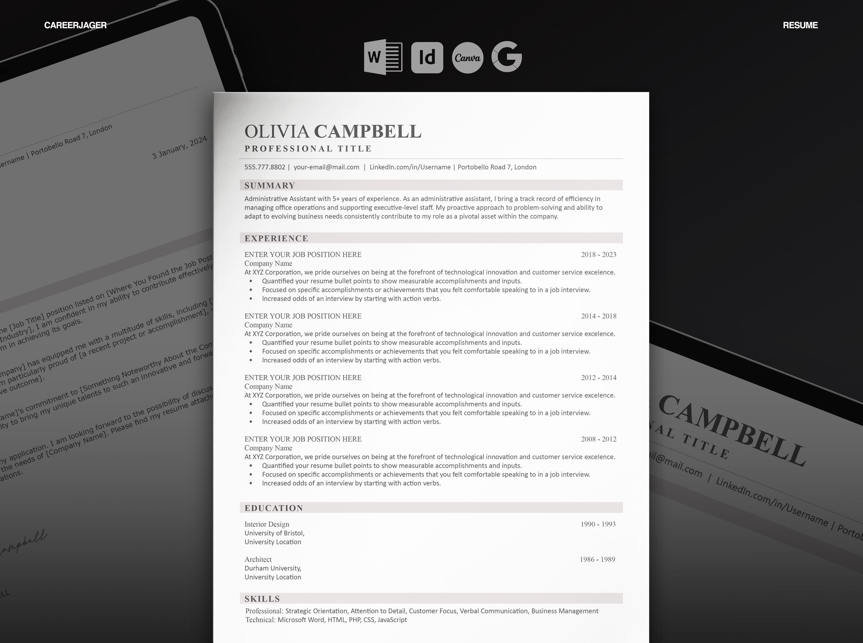 ATS Resume Template Canva | Simple Minimalist CV for Women | Word ...