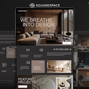Odważna witryna Squarespace poświęcona projektowaniu wnętrz, witryna premium Squarespace Dark dla architektów i pracowni kreatywnych, witryna poświęcona wystrojowi wnętrz