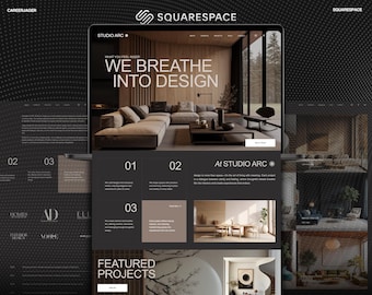 May include: A laptop screen displaying the Studio Arc website on a Squarespace platform. The homepage features a large interior design image with the text We Breathe Into Design, followed by numbered sections 01, 02, and 03, and Featured Projects.