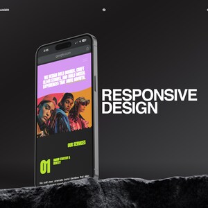 May include: A smartphone displays a website with the text "Responsive Design." The website features images of three people and the text "We design bold brands, craft clean stories, and build digital experiences that drive growth."