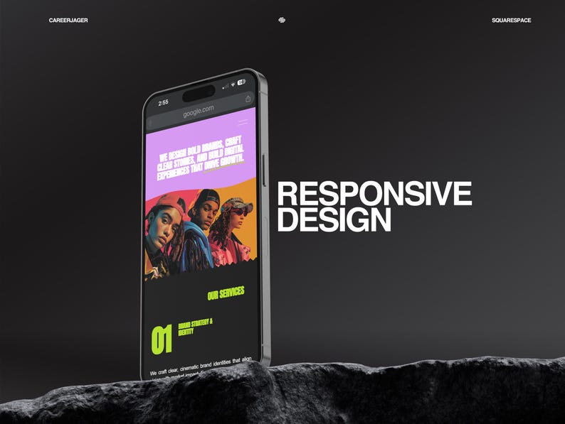 May include: A smartphone displays a website with the text "Responsive Design." The website features images of three people and the text "We design bold brands, craft clean stories, and build digital experiences that drive growth."
