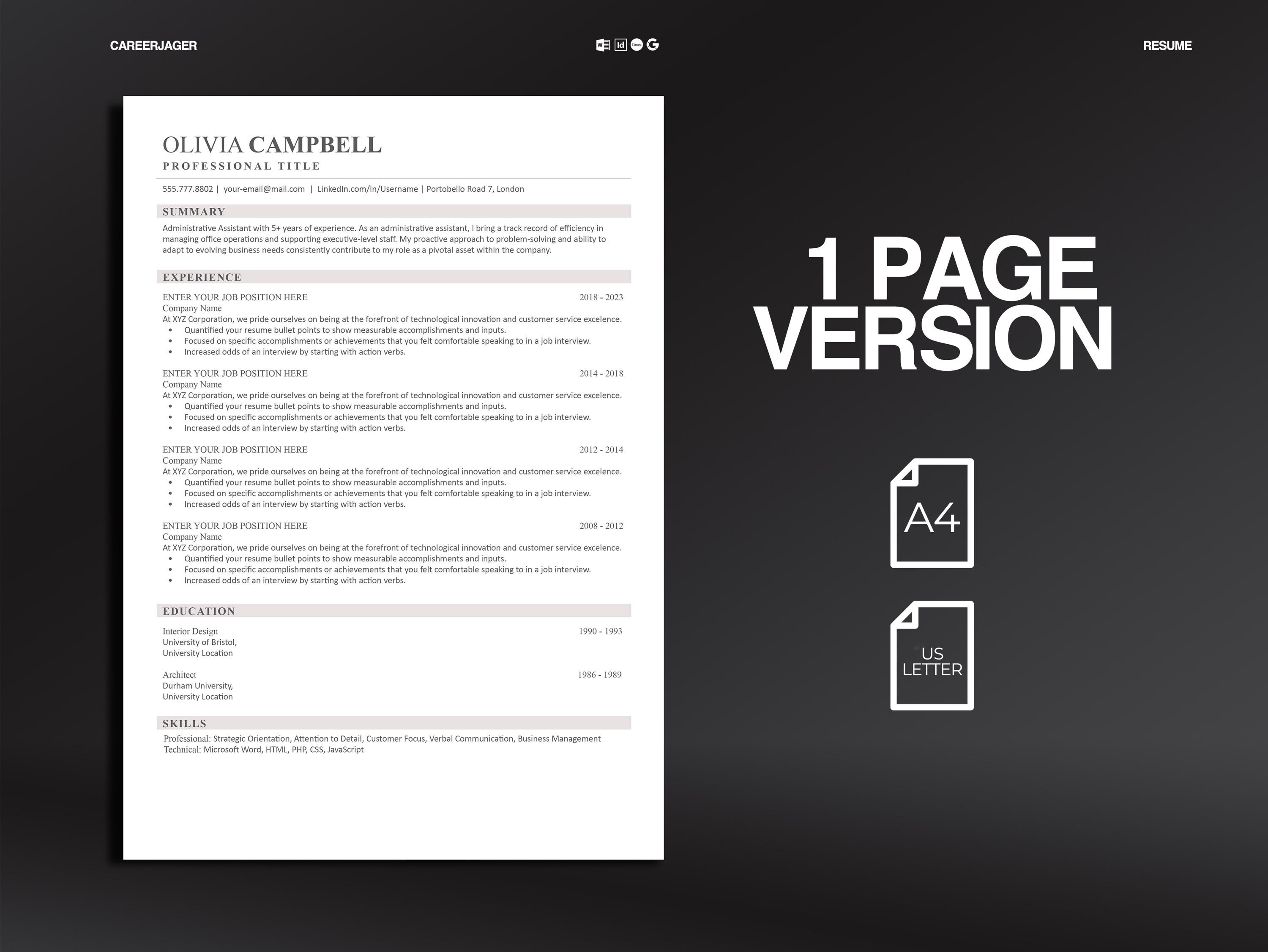 ATS Resume Template Canva | Simple Minimalist CV for Women | Word ...