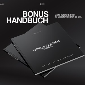 May include: Two black books with white text. The top book reads "WORD & INDESIGN BASICS" and "IHR KOMPLETTER SETUP-GUIDE". The other book reads "CAREERJAGER". The text "BONUS HANDBUCH" is at the top.