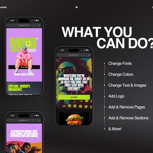 May include: A promotional image with three smartphones displaying website mockups. The phones showcase colorful designs with text like "WHAT YOU CAN DO?" and options to change fonts, colors, text, images, and more. The background is dark gray.