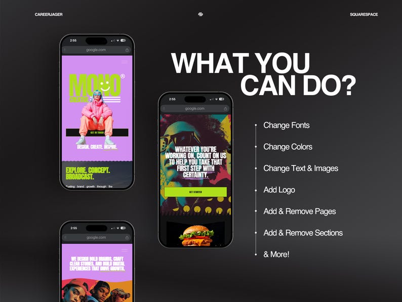 May include: A promotional image with three smartphones displaying website mockups. The phones showcase colorful designs with text like "WHAT YOU CAN DO?" and options to change fonts, colors, text, images, and more. The background is dark gray.