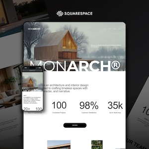 May include: A website design for Monarch, an architecture and interior design studio, displayed on a computer and a smartphone. The website features a modern house illustration and the text "MONARCH". Statistics include 100 completed projects and 98% customer satisfaction.