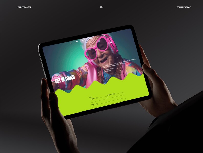 May include: A tablet displays a website with a vibrant design. The screen features an older person wearing pink sunglasses and headphones. The words "GET IN TOUCH" are visible, along with a green wave graphic and form fields. The tablet is held against a dark background.